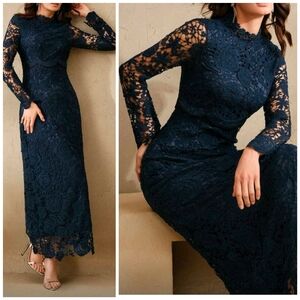 New Floral Embroidered Lace Sheer Mock Neck Scalloped Midi Dress Navy Blue